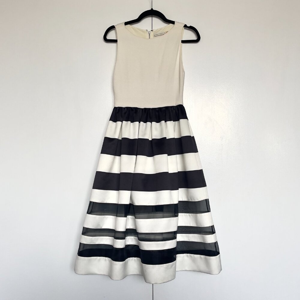 Alice + Olivia | Larue Illusion cream black striped fit & flare midi dress Sz 2